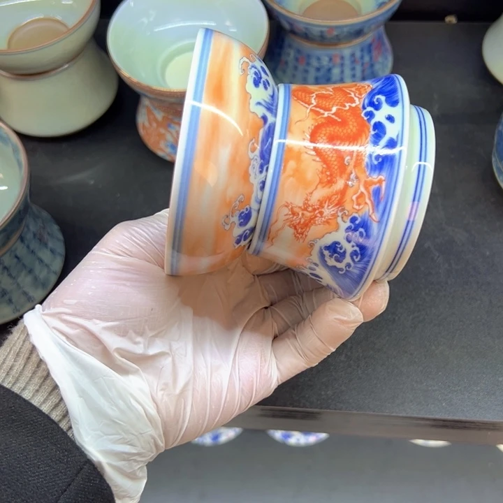 瓷片白青花泛红鱼化龙茶微瑕