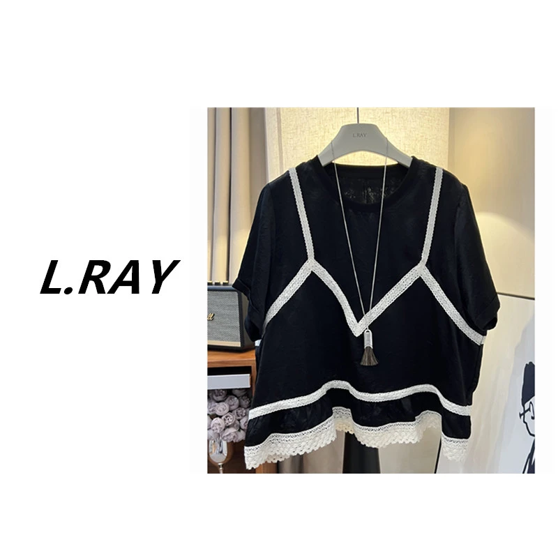 L.RAY-2025夏韩版气质蕾丝拼接宽松百搭短袖醋酸上衣