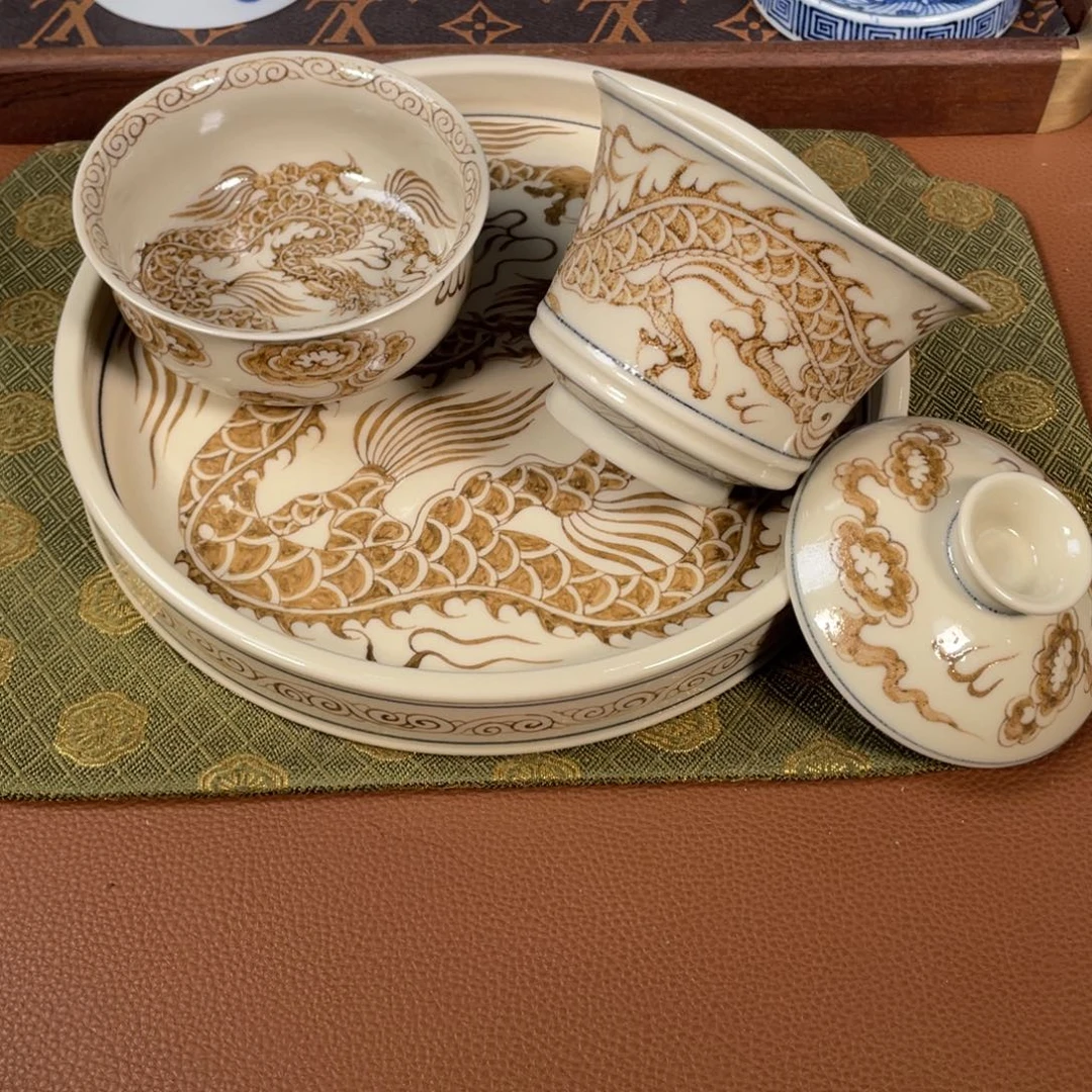 瓷片柴窑二号釉金龙套组