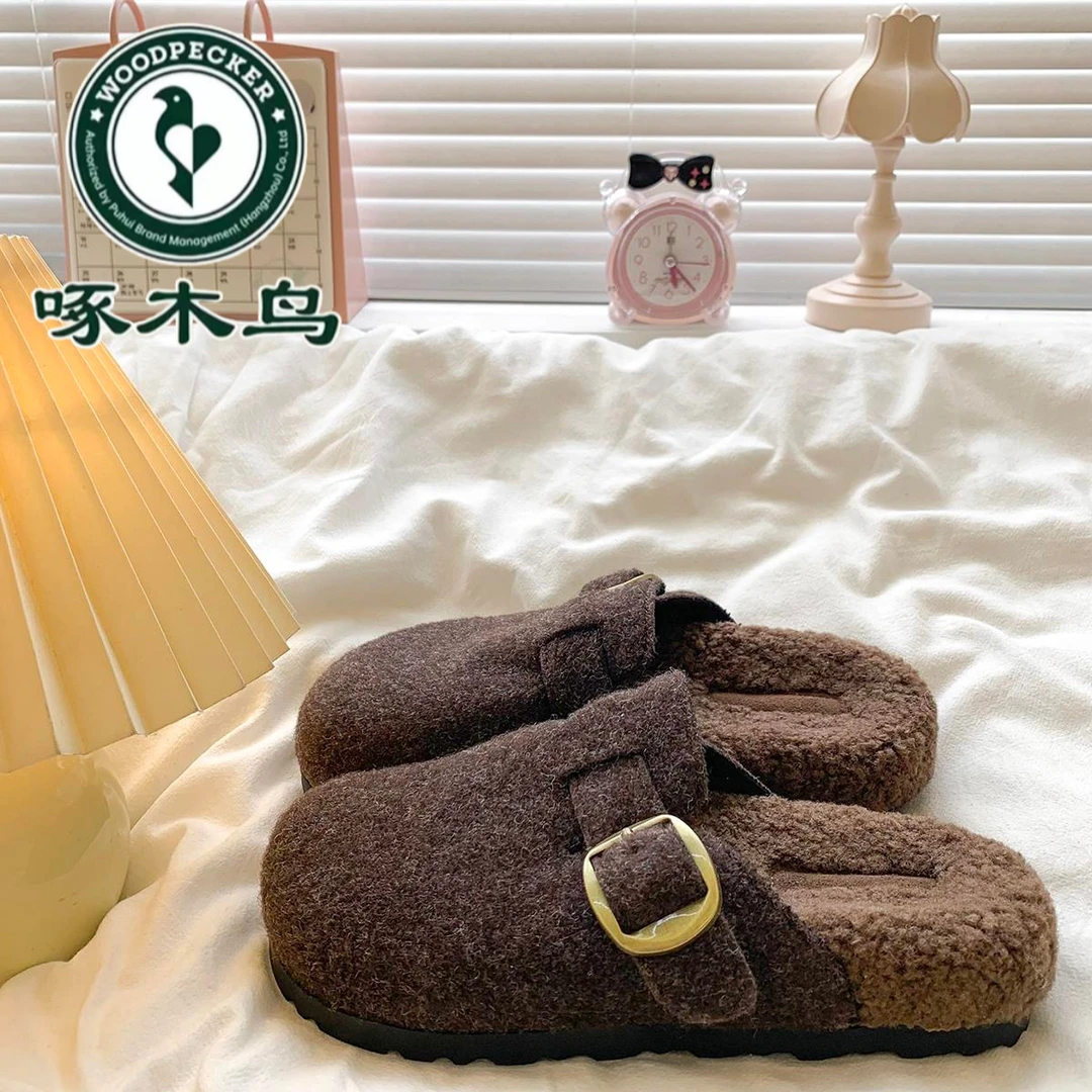 啄木鸟加绒勃肯包头半拖鞋女外穿2025秋冬季夏季厚底内增高包头拖