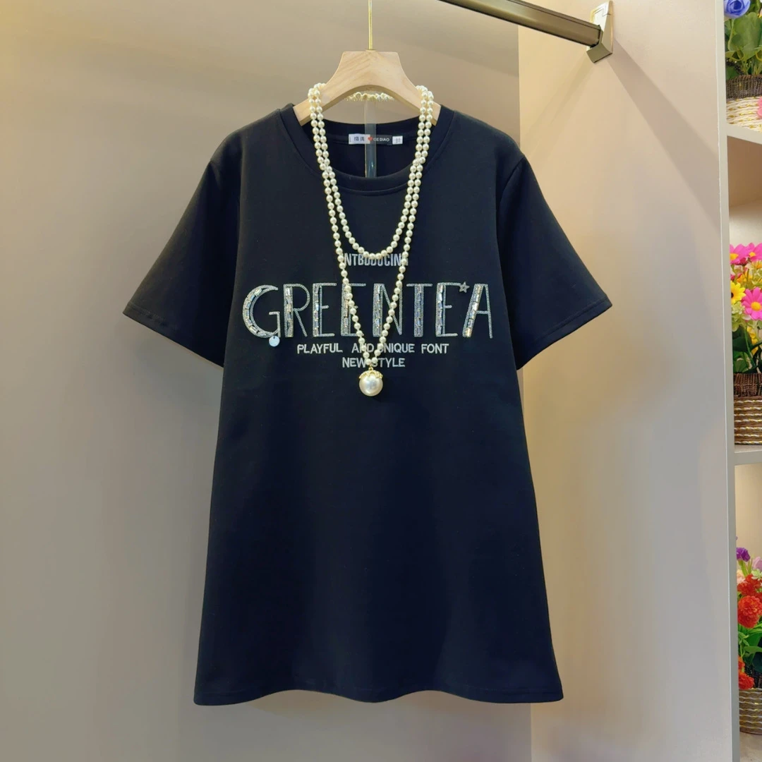 字母小众时髦欧货烫钻高级感气质T恤衣长75左右