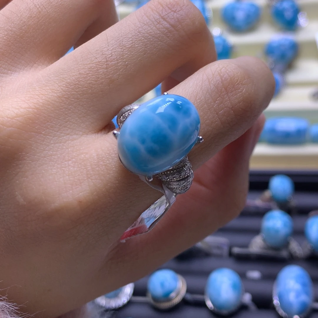 针钠钙石（海纹石）银S925镶嵌戒指蛋面戒指色差略异