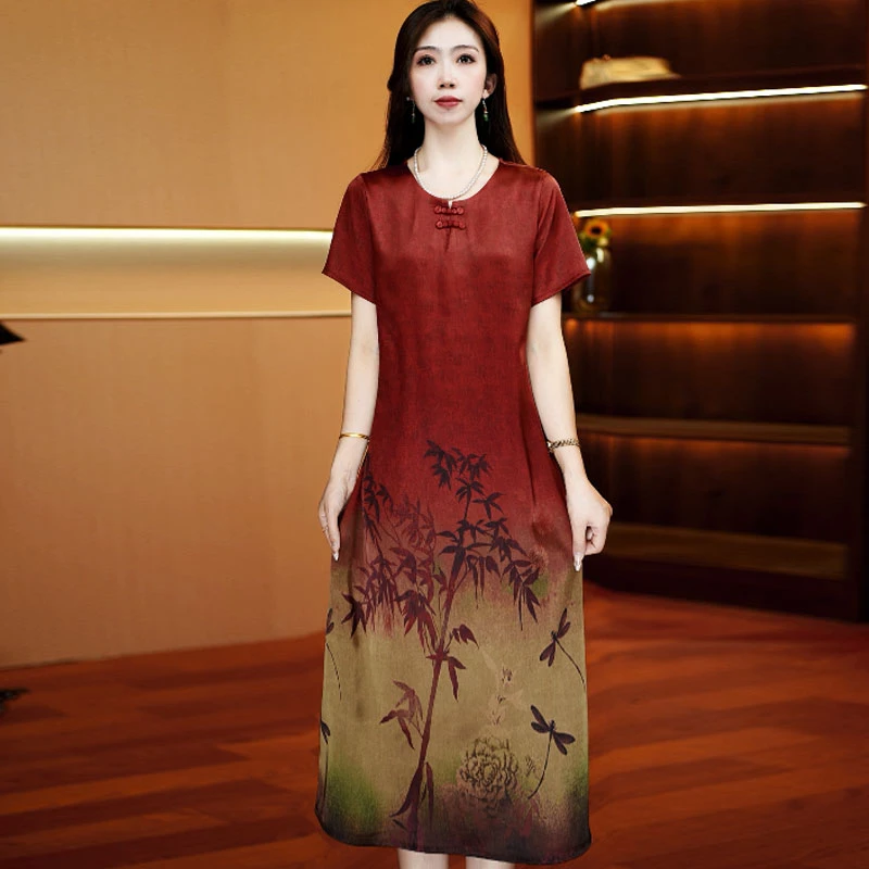 红色竹影裙 气质中长款时连衣裙百搭遮肉裙子