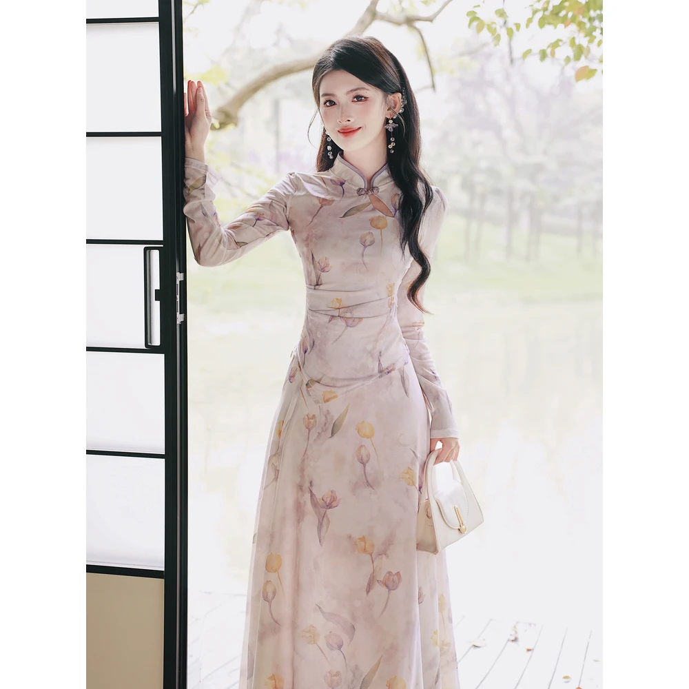 实拍 新中式郁金香网纱复古设计感旗袍套装