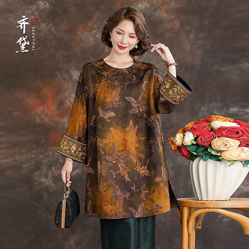 齐黛新中式真正的香云纱上衣女2025新款宽松大码中长款真丝衬衫