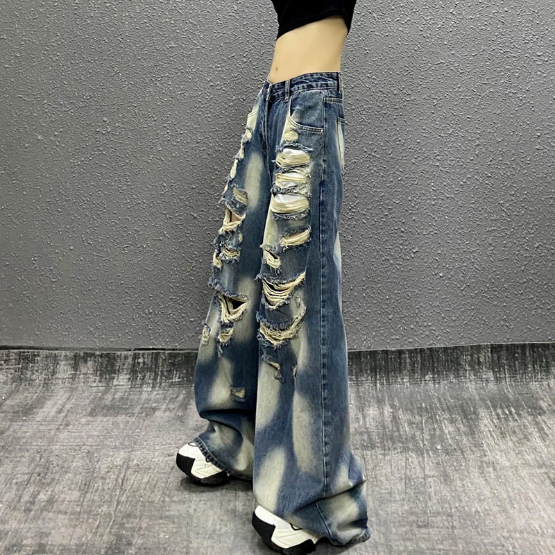 扎染拼色破洞休闲牛仔裤女夏新款高腰宽松显瘦百搭百搭直筒阔腿潮