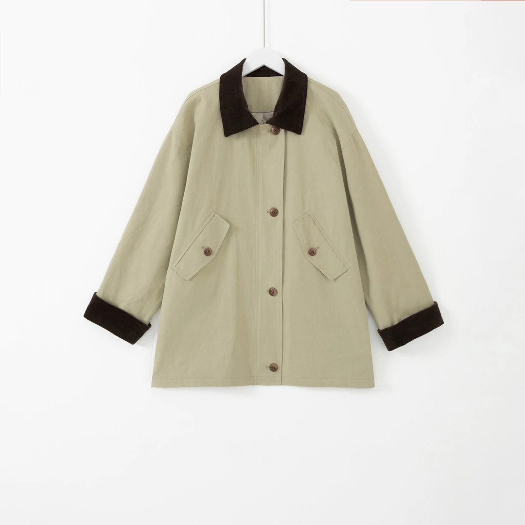 几里与麻 灯芯绒拼接翻领绗棉风衣外套 2091847