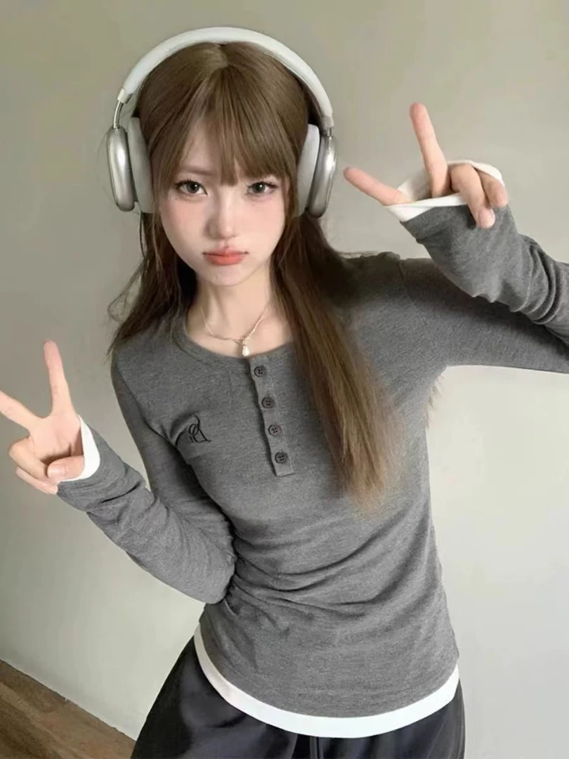 早春季2025假两件长袖女上衣修身内搭别致绝美打底衫甜辣T恤