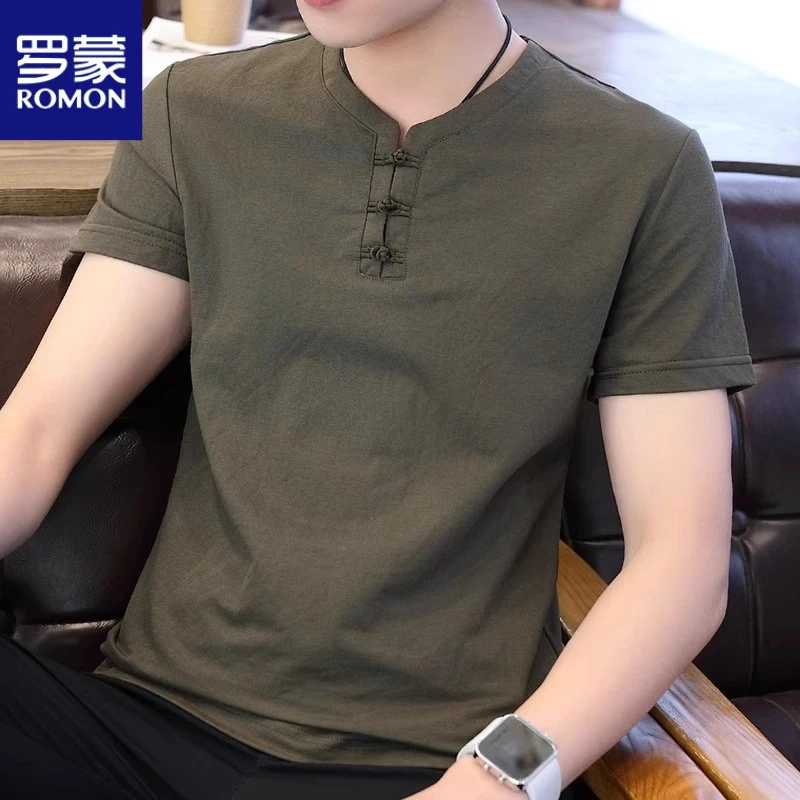 罗蒙男士短袖t恤潮流夏季v领中国风夏天休闲男装夏装2025新款上衣