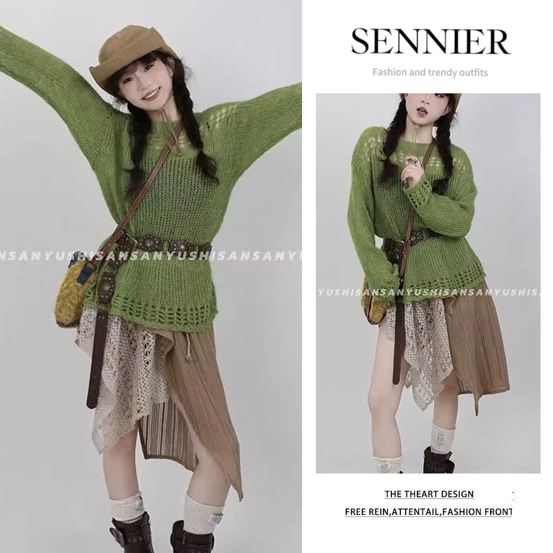 流行穿搭女装2025爆款慵懒宽松绿色针织长袖不规则屁帘短裙两件套