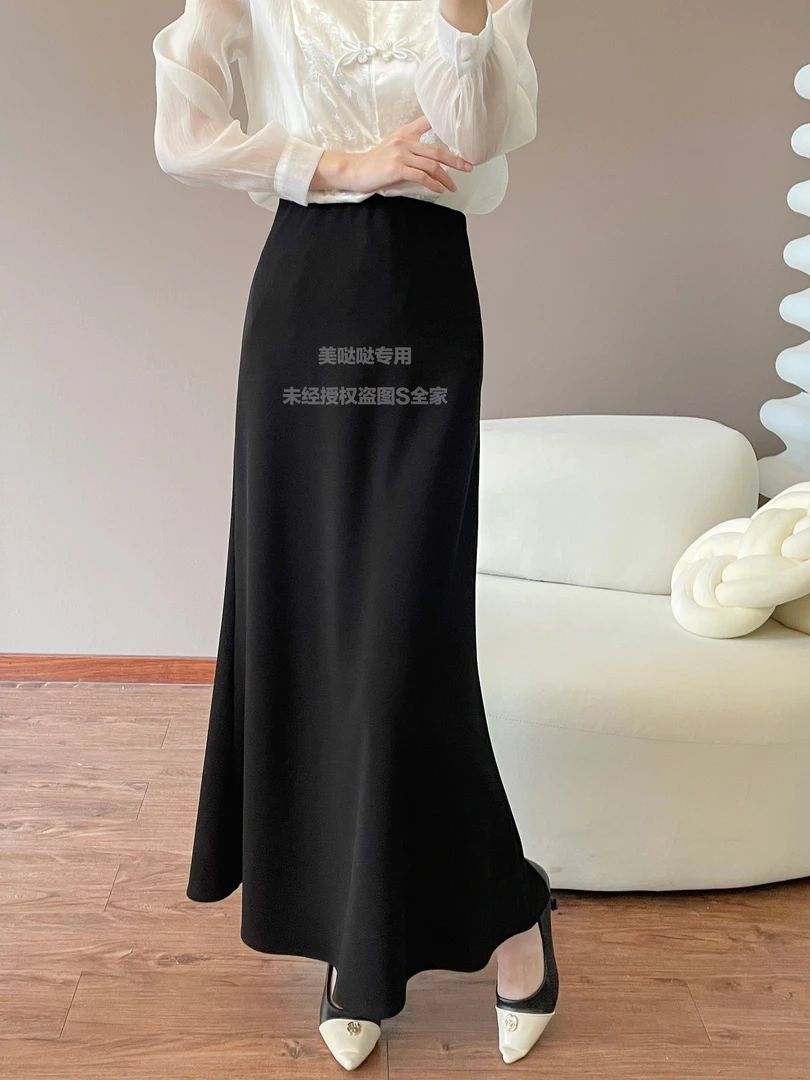 2025夏季薄款西装面料高腰显瘦时尚百搭修身黑杏咖长款版鱼尾裙