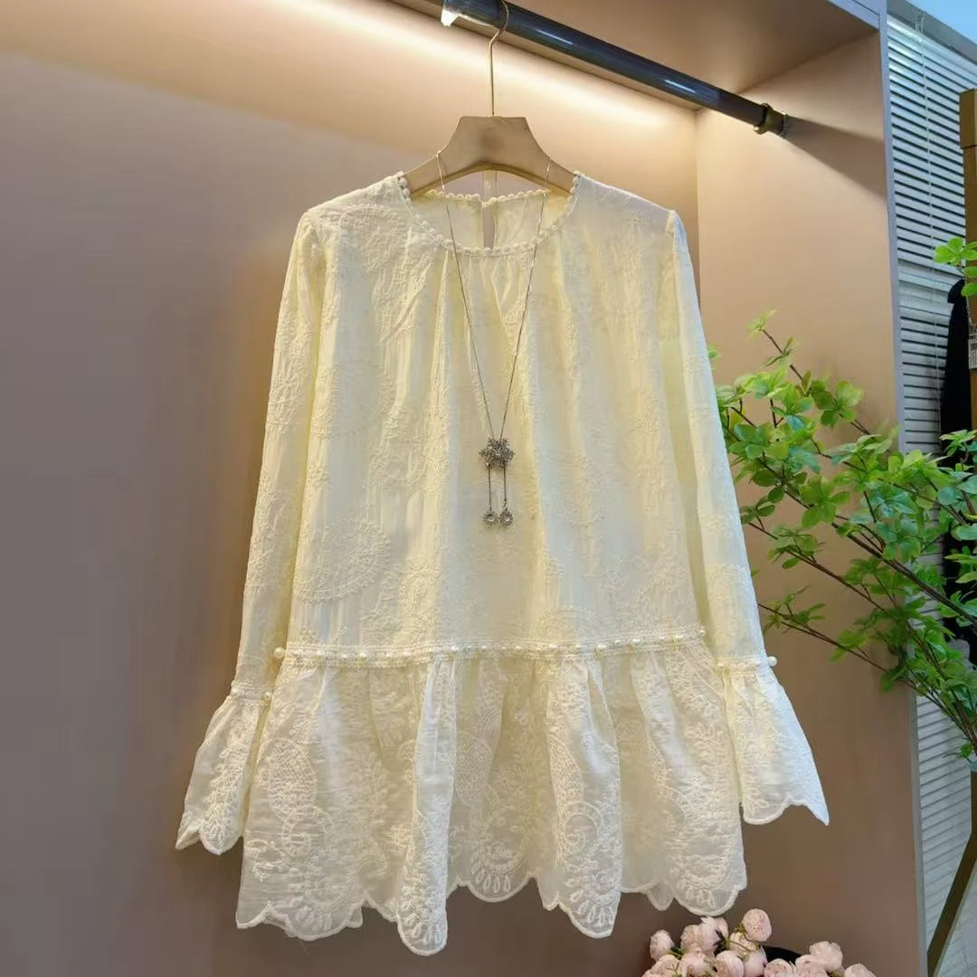 洋气显瘦珍珠领花边袖设计感时尚重工百搭上衣（长73左右）