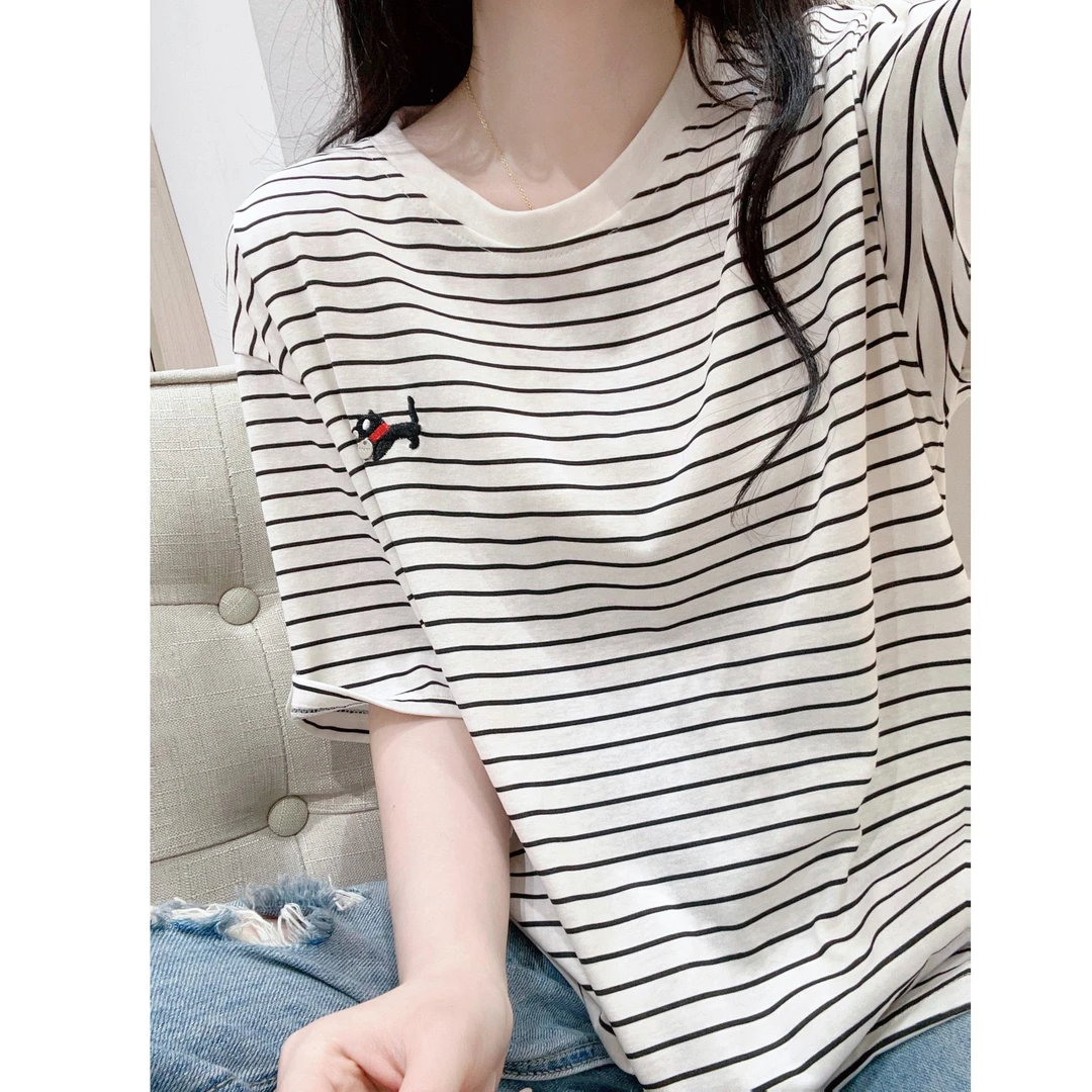 条纹小狗刺绣短袖t恤女夏季新款宽松显瘦百搭圆领慵懒风简约上衣