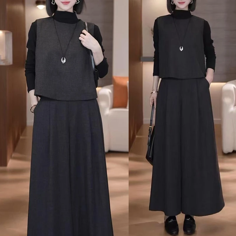 复古文艺气质套装2025秋季新款打底衫马甲阔腿裤高级感三件套