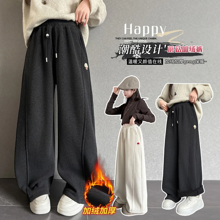 女童加绒加厚裤子冬装2025新款中大童韩系百搭加厚一体绒阔腿裤潮
