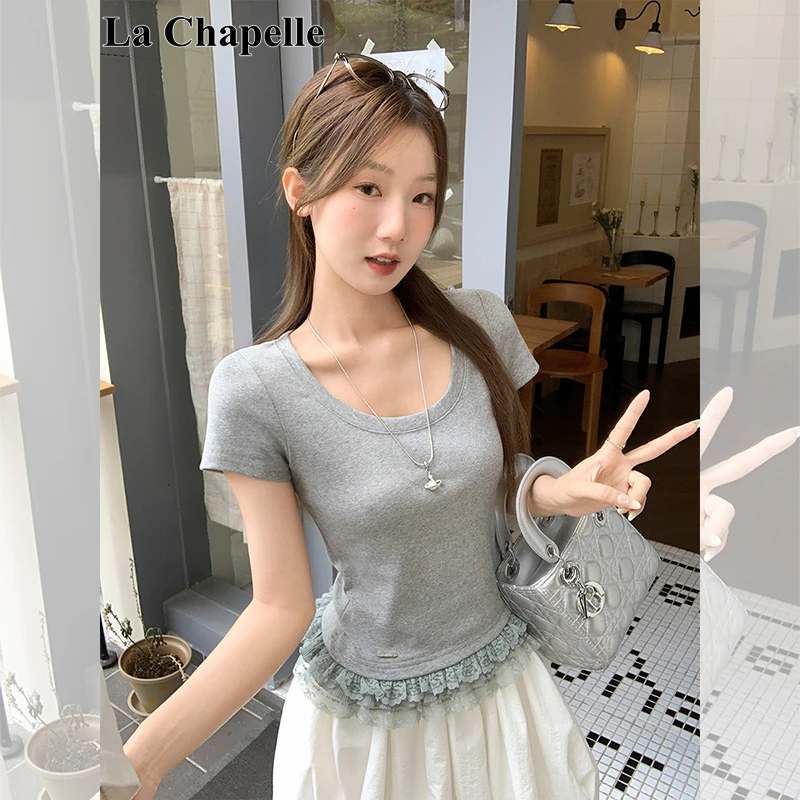 拉夏贝尔蕾丝花边u领正肩短袖t恤女2025夏季新款收腰显瘦短款上衣