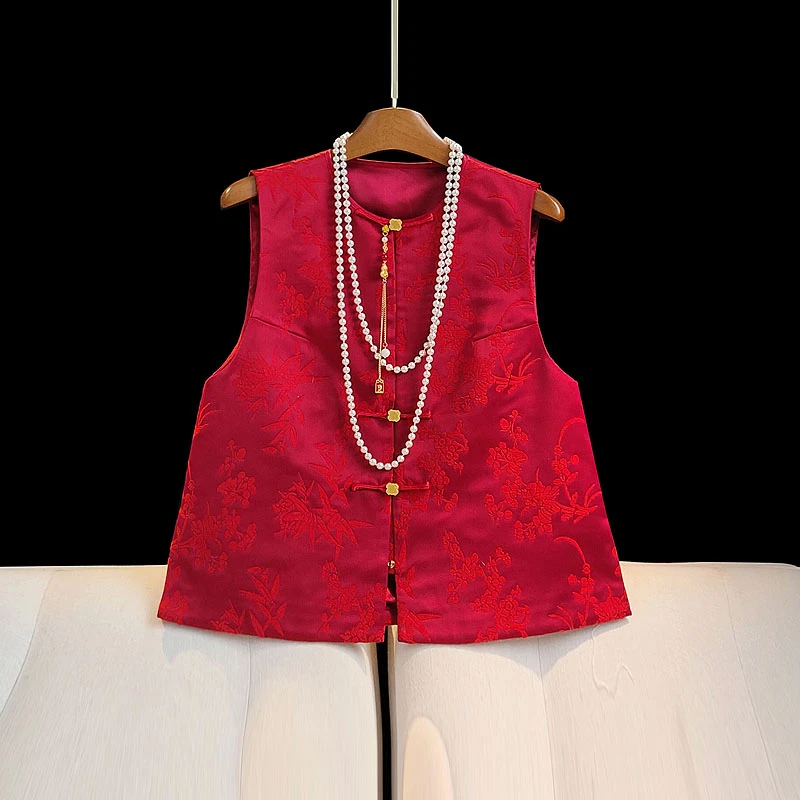 2025新款通勤百搭红色中国风新中式提花加厚棉马甲新年战袍喜庆