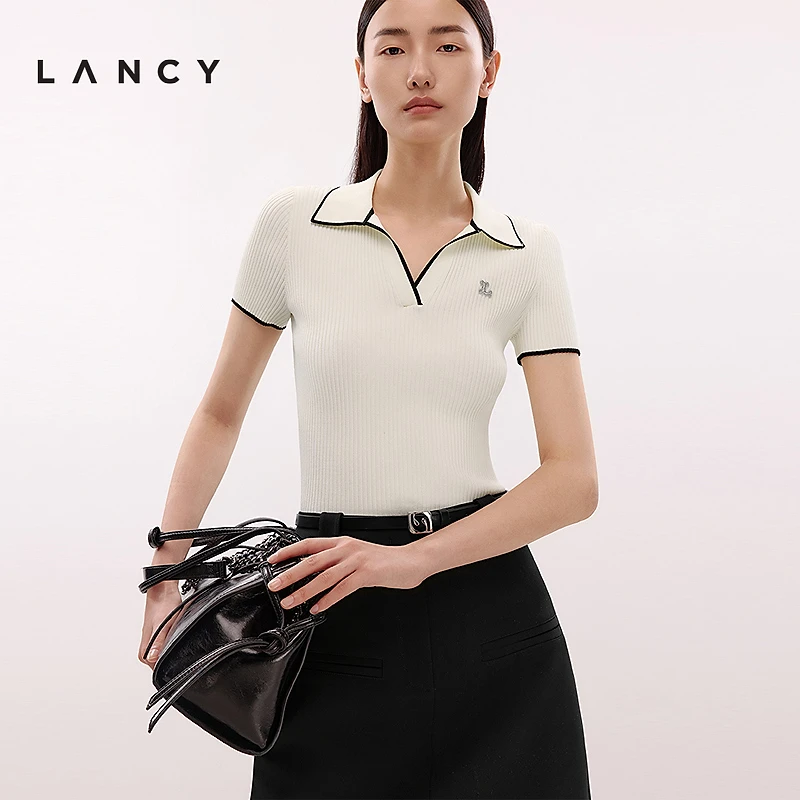 LANCY/朗姿2025夏新款高级修身polo领短袖针织衫简约上衣女KPR007