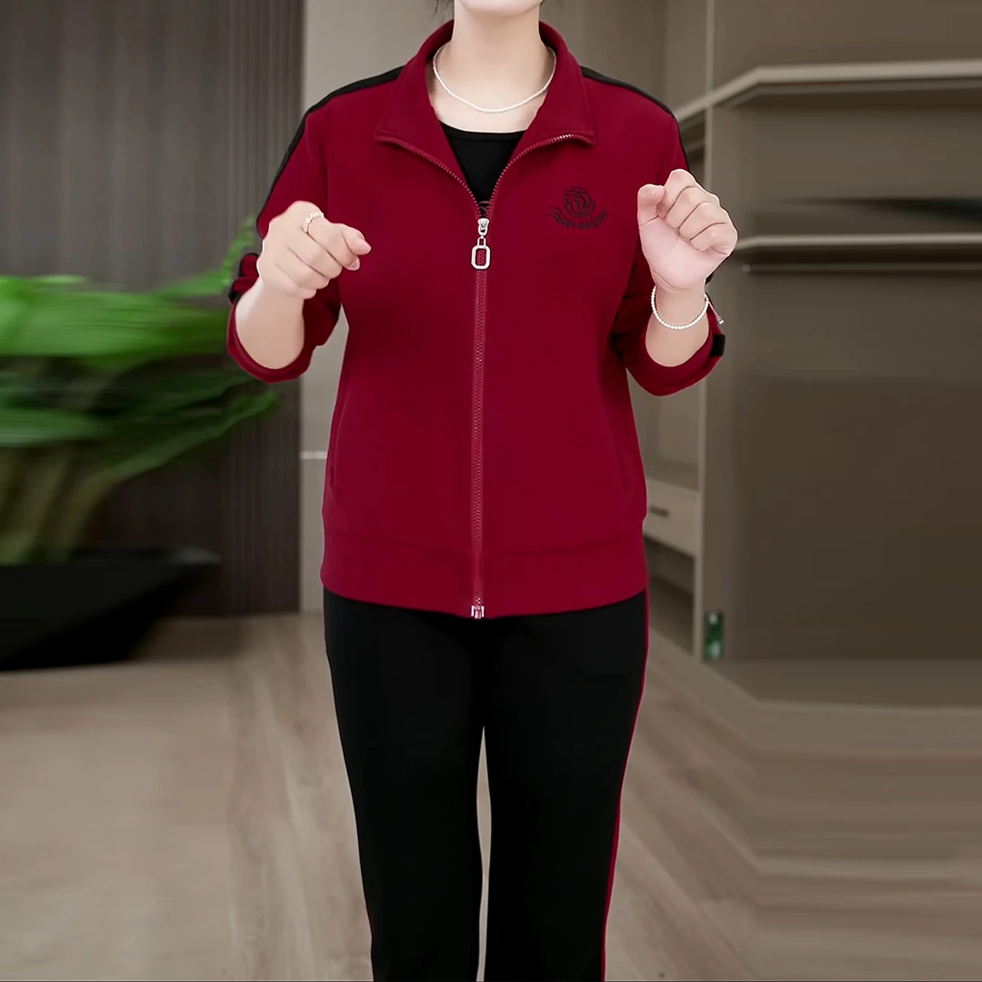 2025秋季时尚运动套装女中年妈妈大码减龄显瘦休闲旅游外套三件套