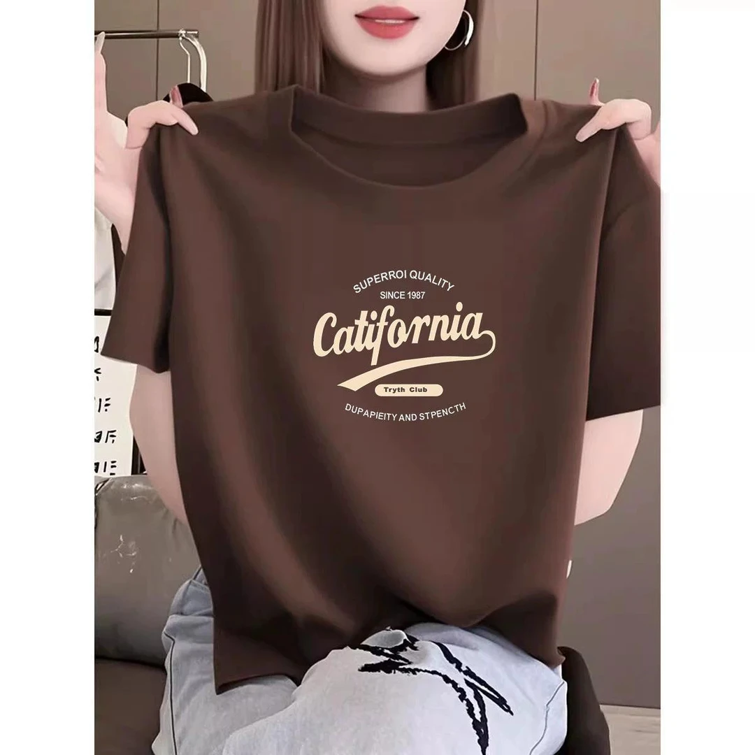 夏季咖啡色正肩圆领短袖T恤女休闲显瘦纯棉百搭减龄上衣基础款