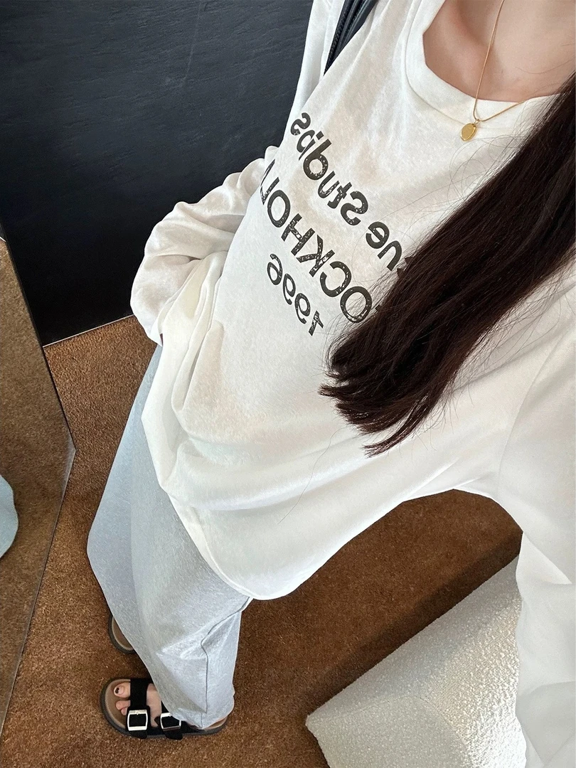 经典版型柔软字母长袖T恤内搭宽松休闲百搭上衣女打底长袖