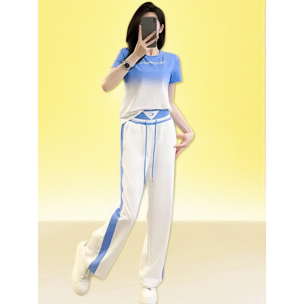 宽松韩版运动风女夏两件套休闲阔腿裤潮减龄时尚渐变短袖套装