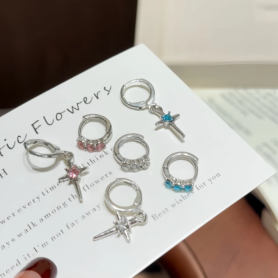 铜合金锆石耳饰 高品质~爆闪粉色锆石十字架星芒耳扣甜酷风清冷感