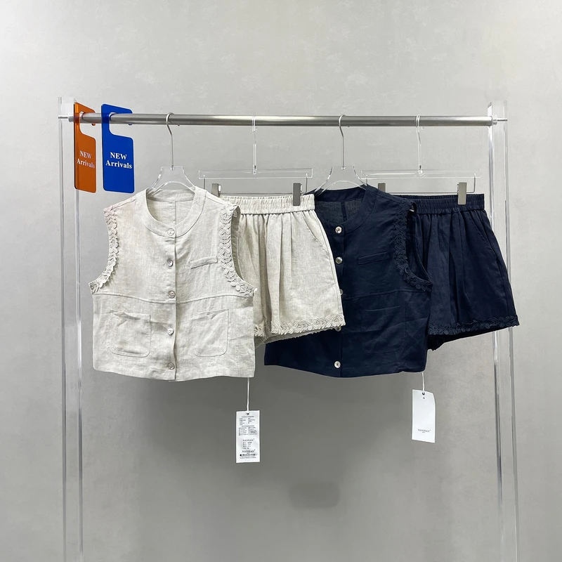 亚麻休闲套装女欧货2025夏季新款小众花边马夹阔腿短裤两件套9265