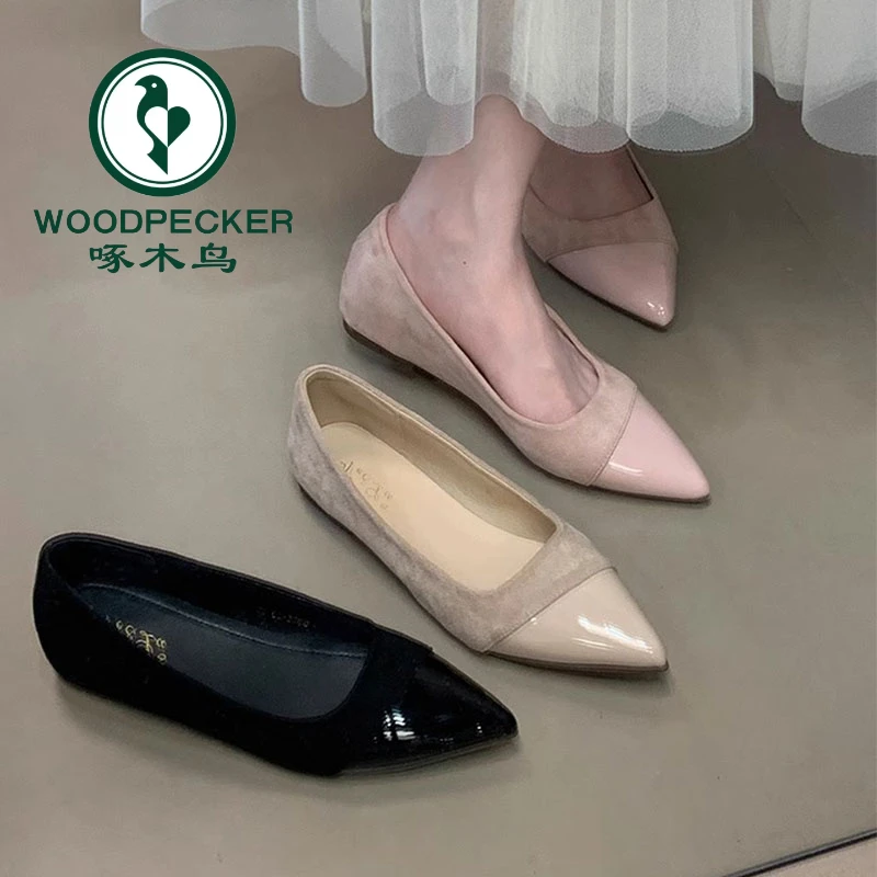 啄木鸟尖头气质新款平底鞋法式百搭尖头内增高配裙子拼接单鞋女