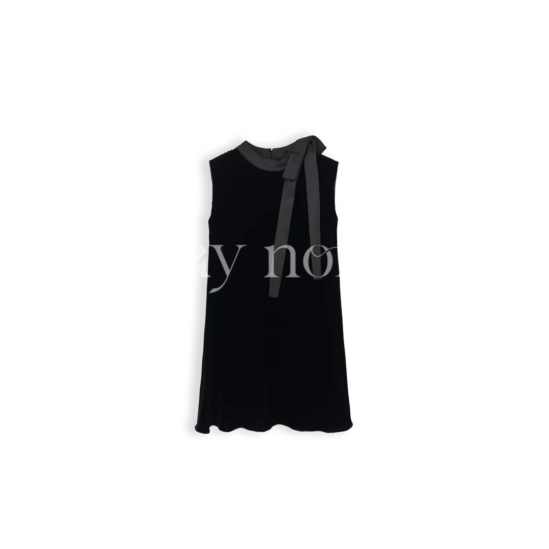 懒猫nono│Saynono 法式蝴蝶结拼接无袖桑蚕丝丝绒连衣裙H10277X