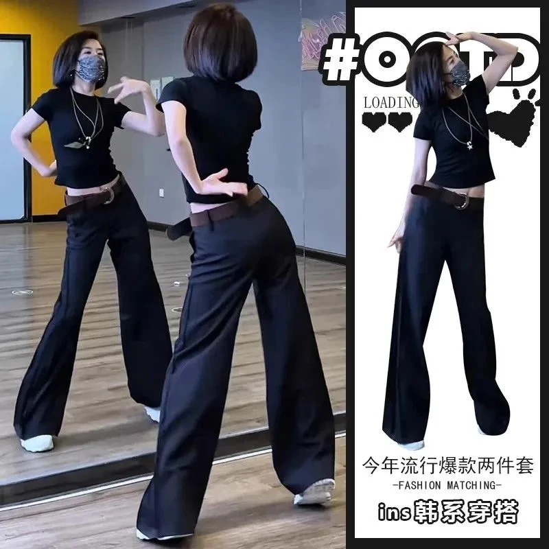 甜酷风独特洋气两件套夏季赫本风辣妹黑色短款上衣高腰垂感拖地裤