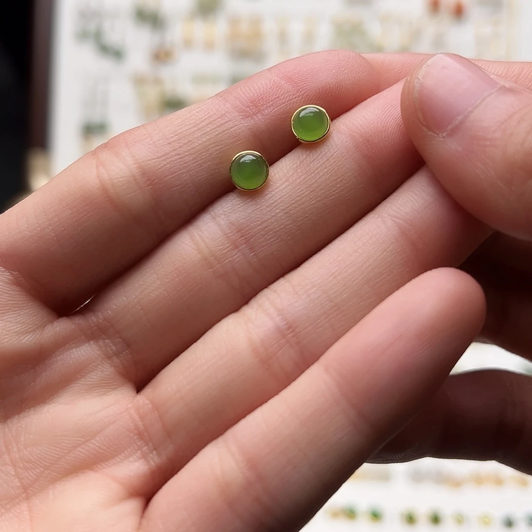 银S925镀金镶嵌和田玉耳钉