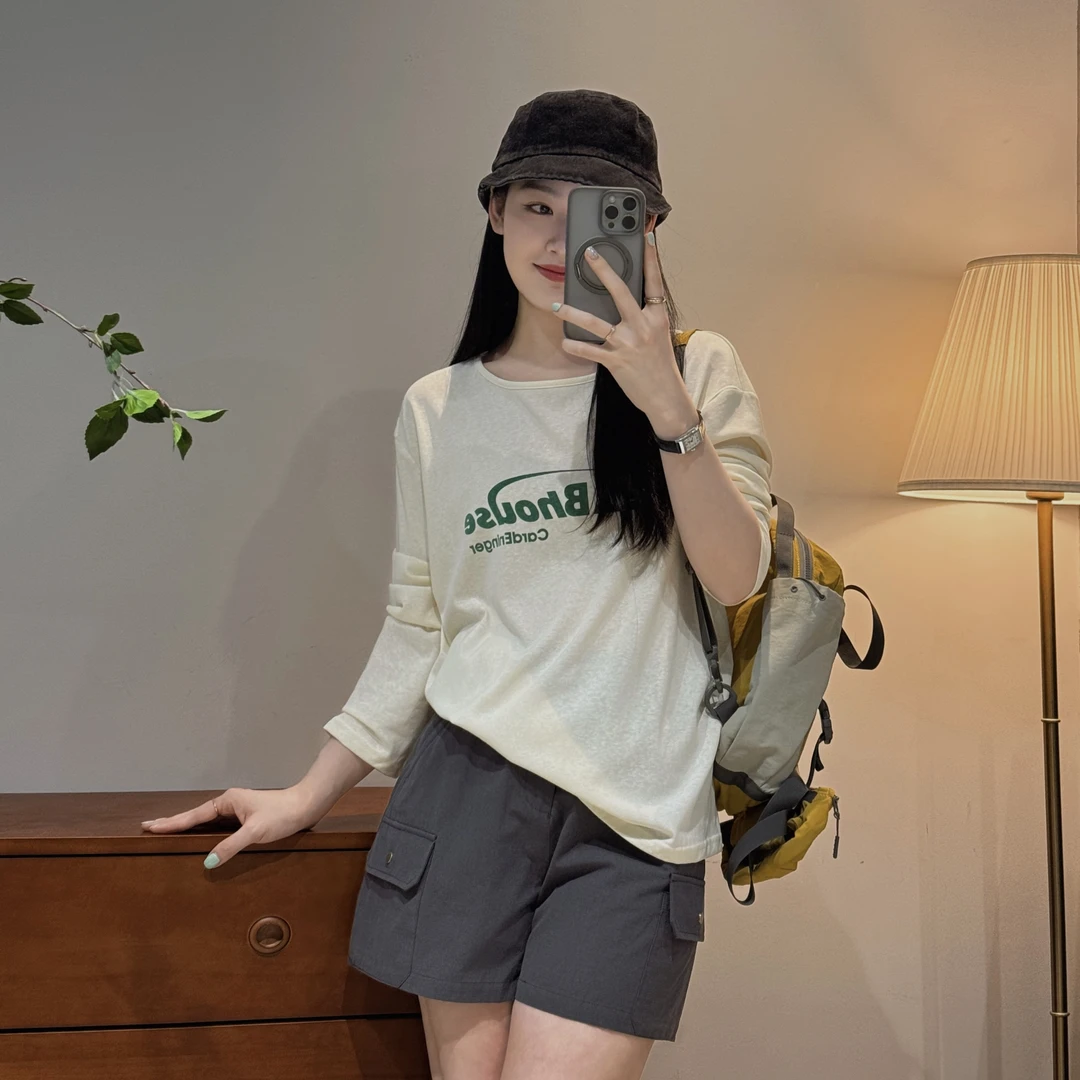 夏季新款简约印花t恤女宽松洋气斜肩设计长袖上衣-M25212409