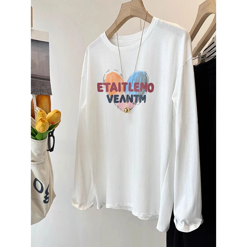 雪花棉棉爱心印花长袖T恤女夏2025宽松200斤胖mm大码上衣防晒