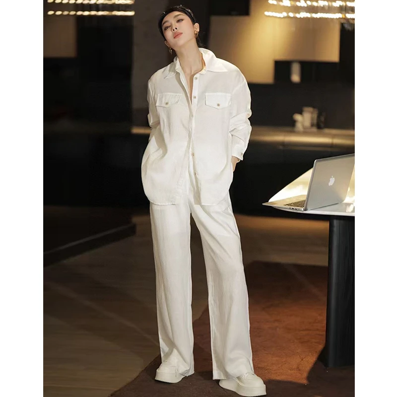 高级重磅亚麻休闲长袖衬衫阔腿裤套装老钱风帅酷显瘦松驰感女装夏