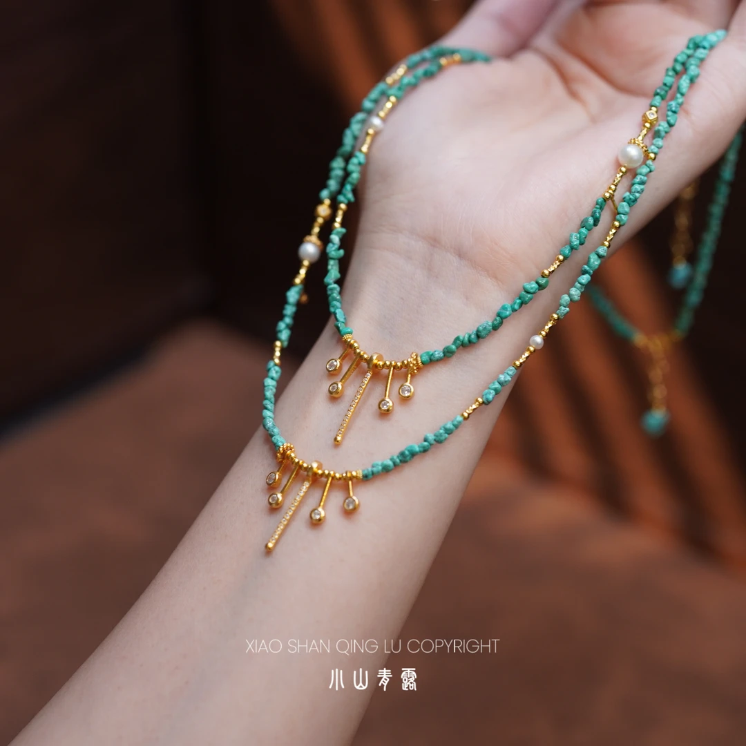 【JL1894】原矿绿松石项链S925银镀金镶嵌长44+2珠2~3-多样性发其一