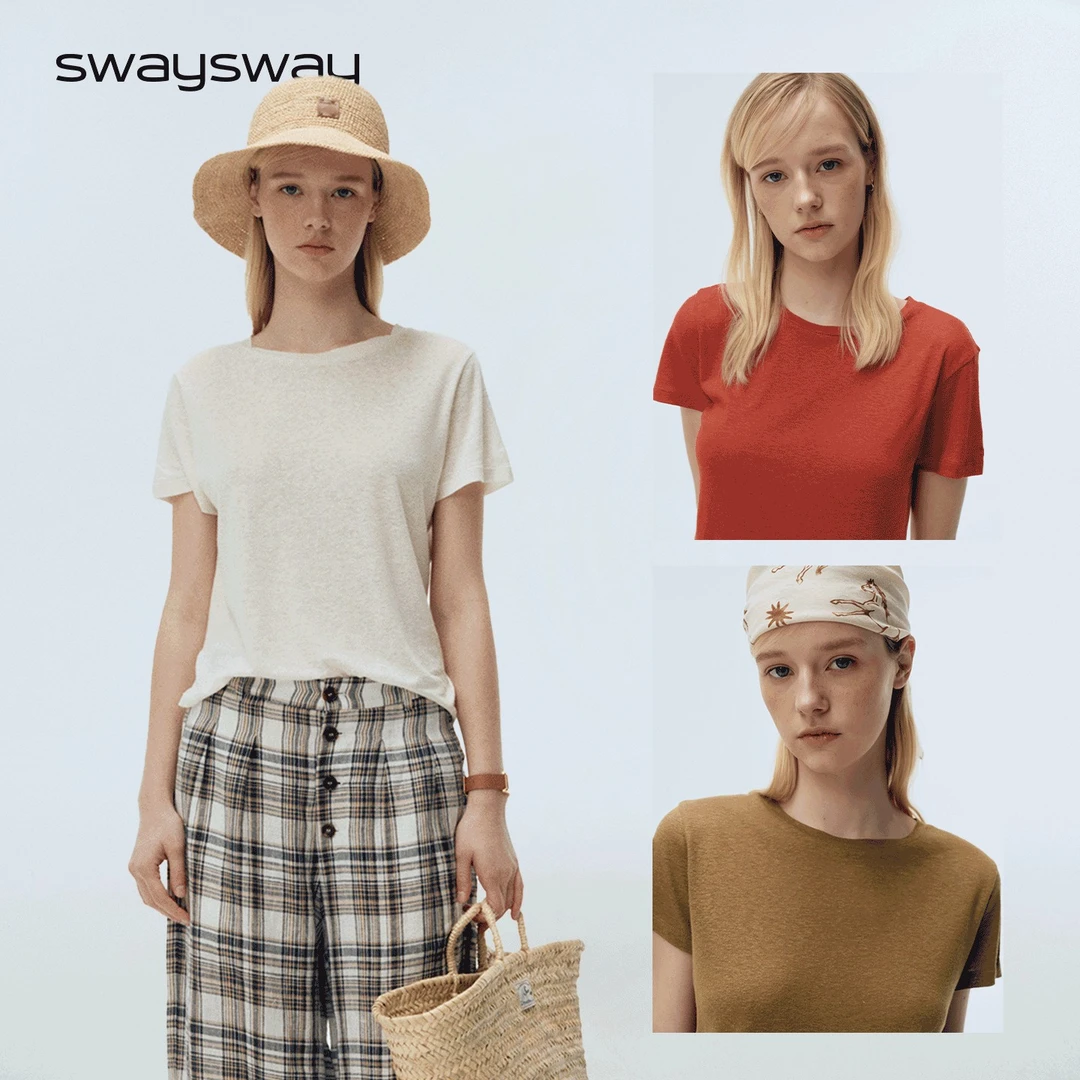 swaysway"悠长假期"亚麻肌理经典圆领垂感百搭正肩宽松短袖T恤