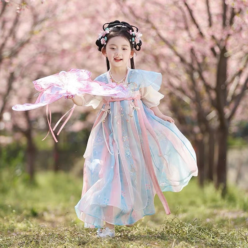 汉服女童爆款2025新款夏季女童连衣裙儿童古风服装粉蓝仙气襦裙女