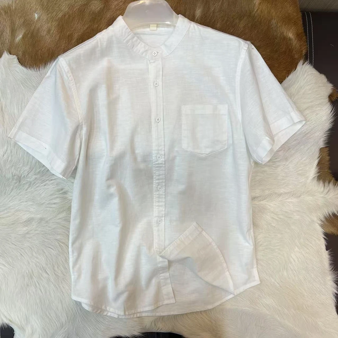 大厂货源 细节拉满 含亚麻 夏季男士立领棉麻宽版短袖衬衫