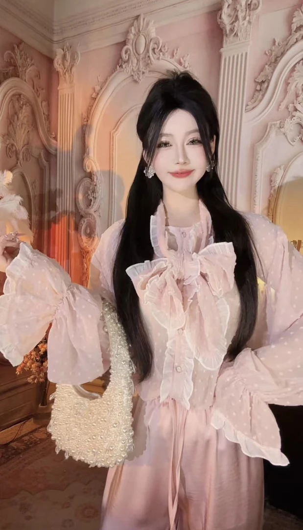 【崔】Z0189 早春高级感法式别致粉色波点衬衫上衣设计感小众