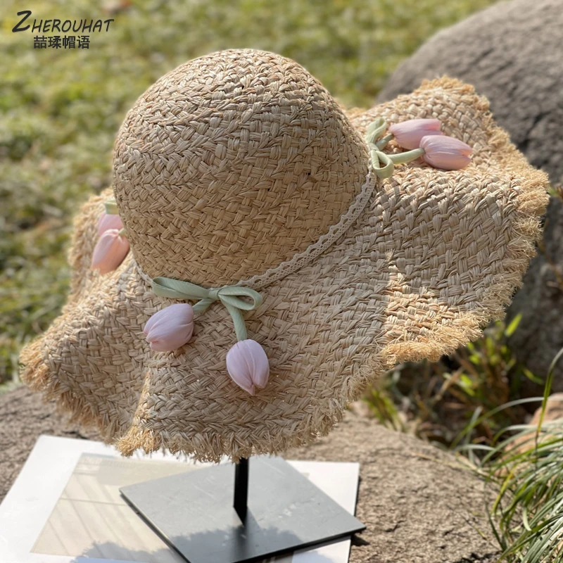 大檐毛边拉菲草帽女夏海边出游度假防晒遮阳沙滩帽木耳边渔夫帽子