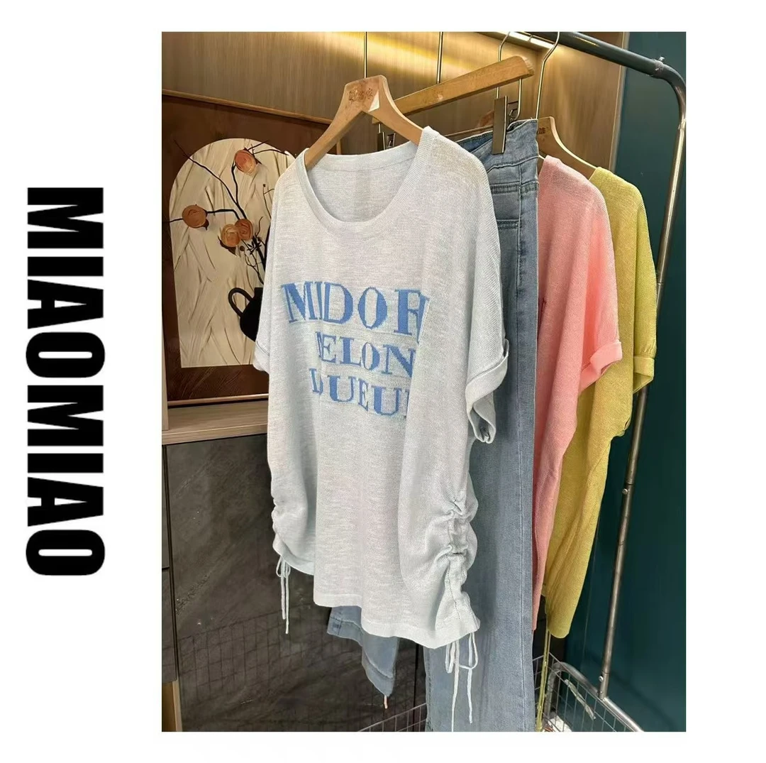 5002大码女装字母提花侧边抽绳圆领针织衫夏季新款宽松百搭上衣