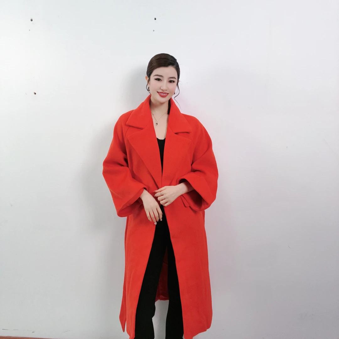 【静姐宠粉】气质网红时尚红色女士百搭毛呢中长款韩版秋冬大衣5127