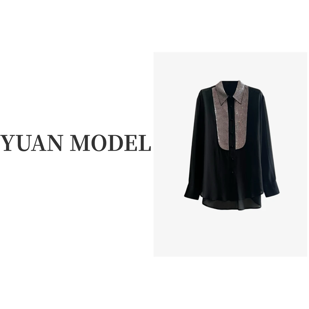 【YUAN MODEL】媛老板-2025春装时尚烫钻薄款长袖衬衫上衣030328