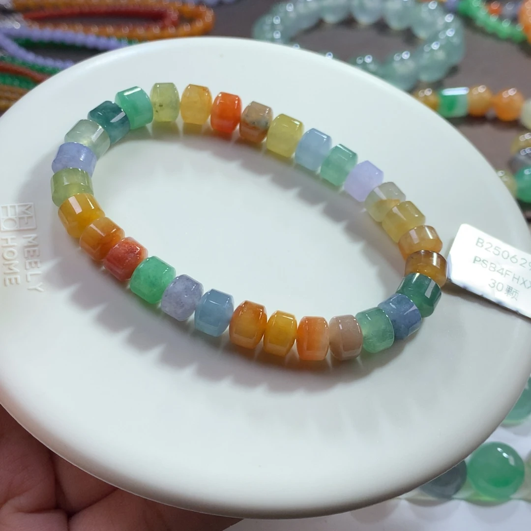 翡翠未镶嵌手链大漏！冰浓艳彩多巴胺彩虹桶珠手串 卡7.5~7.6