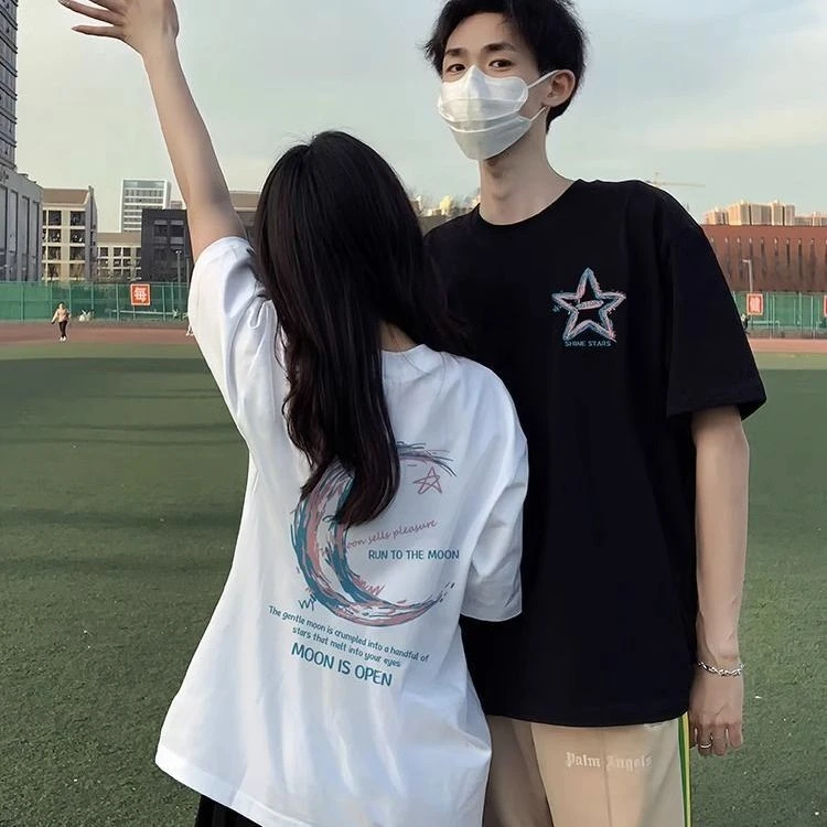 重磅220克情侣装短袖夏季2025新款纯棉情侣衣服ins韩版潮流学生