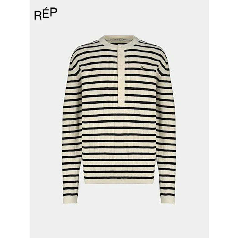 【6折】REP-NOICE品牌黑白条纹坑条半开领针织上衣（特价NO退NO换）