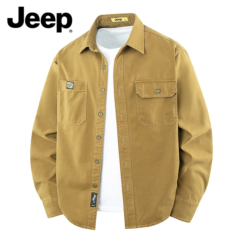 JEEP/吉普2025新款对襟衬衫男士欧美风纯棉衬衫纯色春秋休闲宽松