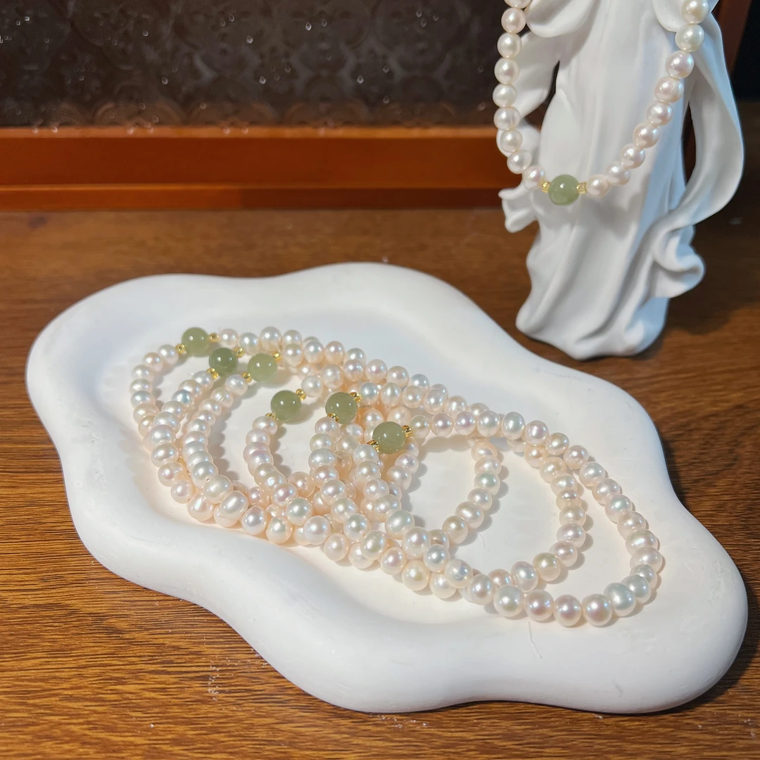 珍珠和田玉单圈6m+-柚子珠宝天然淡水珍珠手串DIY