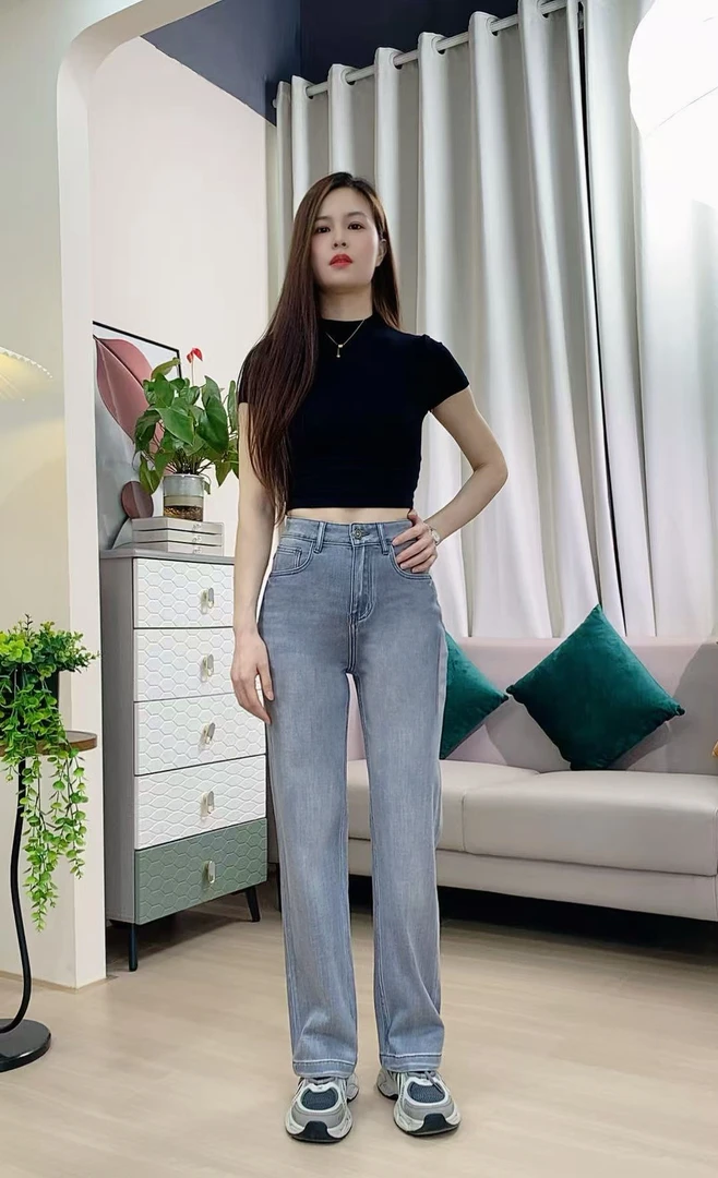 329#夏季爆款高腰窄版直筒宽松显瘦显高 莫蓝迪灰时尚休闲牛仔裤